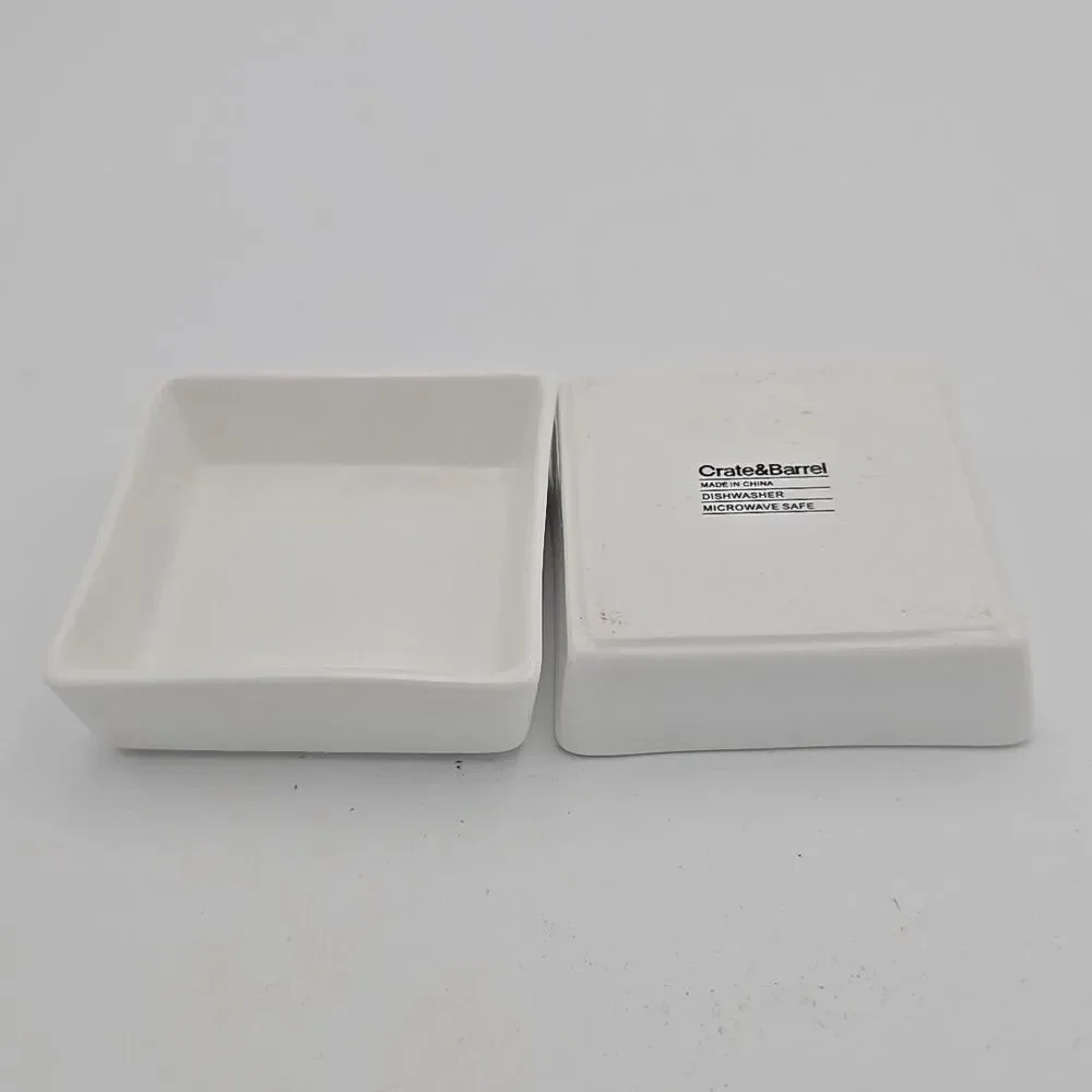 Set of 2 Crate & Barrel White Porcelain Square Ramekins Dip Condiment Bowls 3”